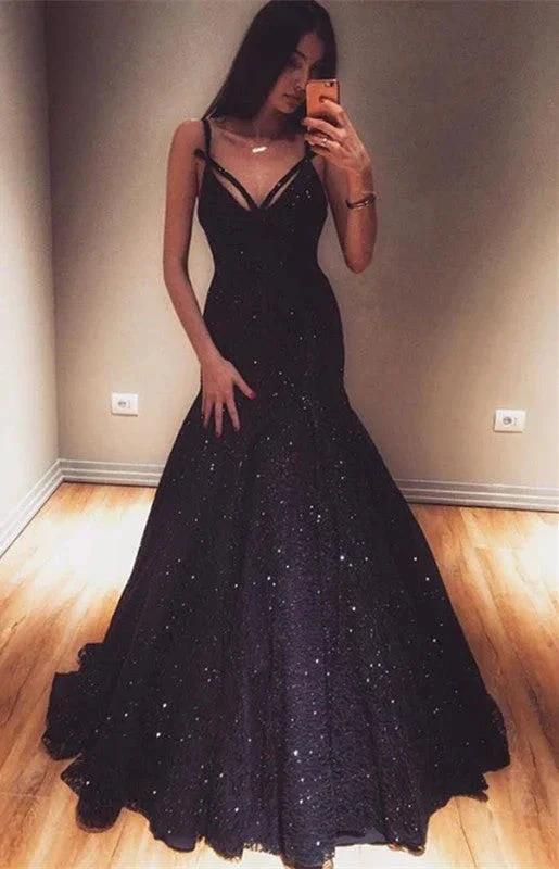 Long Mermaid V-neck Spaghetti Straps Sequined Prom Dress