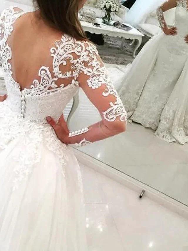 Long Mermaid V Neck Sweep Brush Train Lace Tulle Wedding Dresses with Sleeves