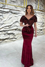 Long Mermaid V-neck Velvet Glitter Prom Dress with Sleeves