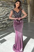 Long Mermaid V-neck Velvet Prom Dress with Glitter