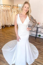 Long Mermaid V-neck Wide Straps Backless Wedding Dress