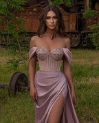Long Off-the-shoulder Satin Mermaid Prom Dress with Slit