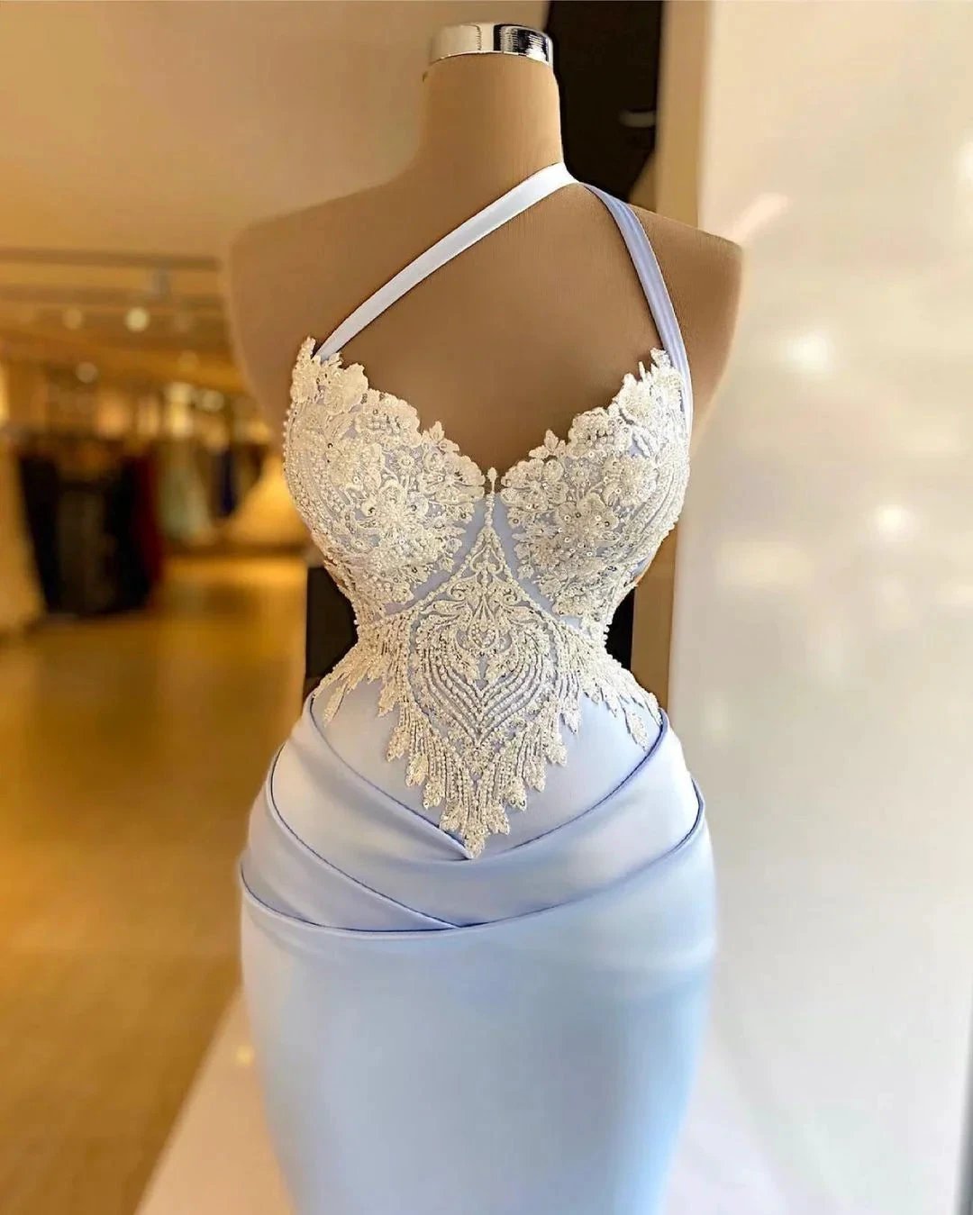 Long One Shoulder Mermaid Prom Dress with Appliques Lace