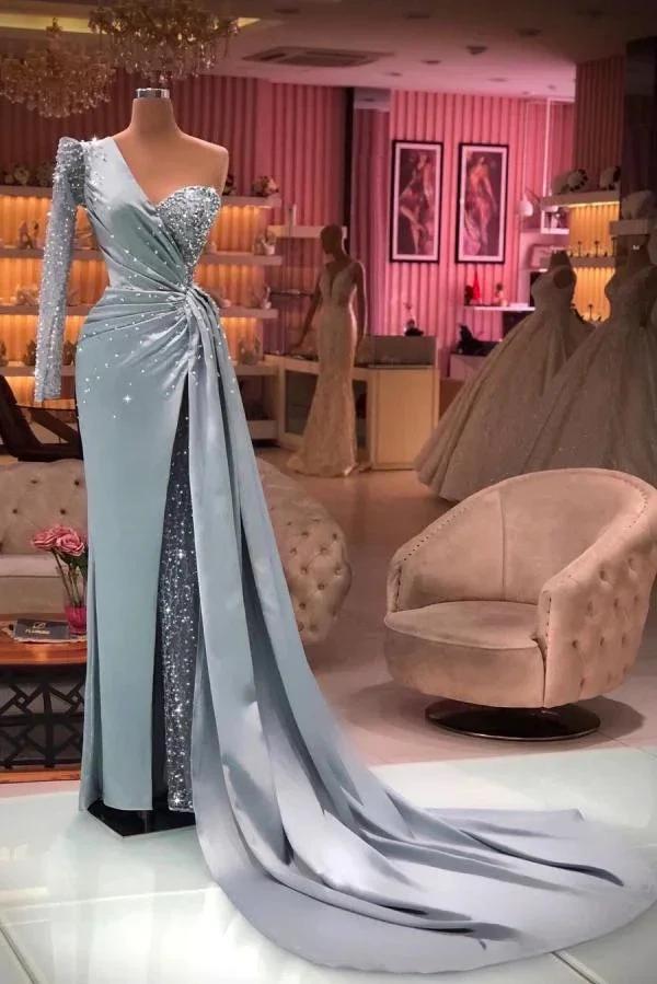 Long One Shoulder Sequins Mermaid Prom Dress with Sleeves