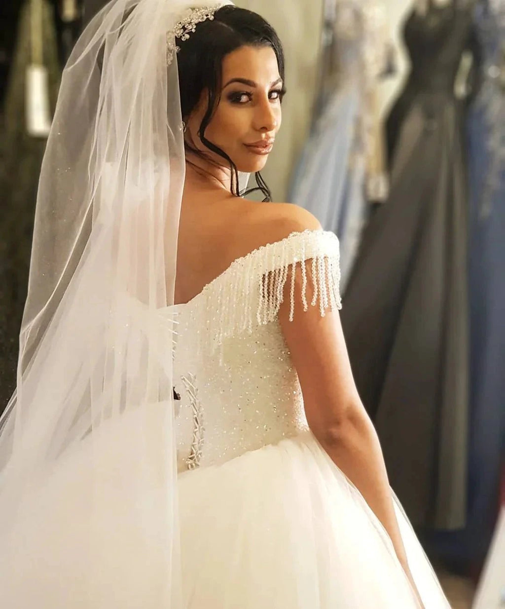 Long Princess Off-the-shoulder Beading Backless Tulle Wedding Dress With Tassel