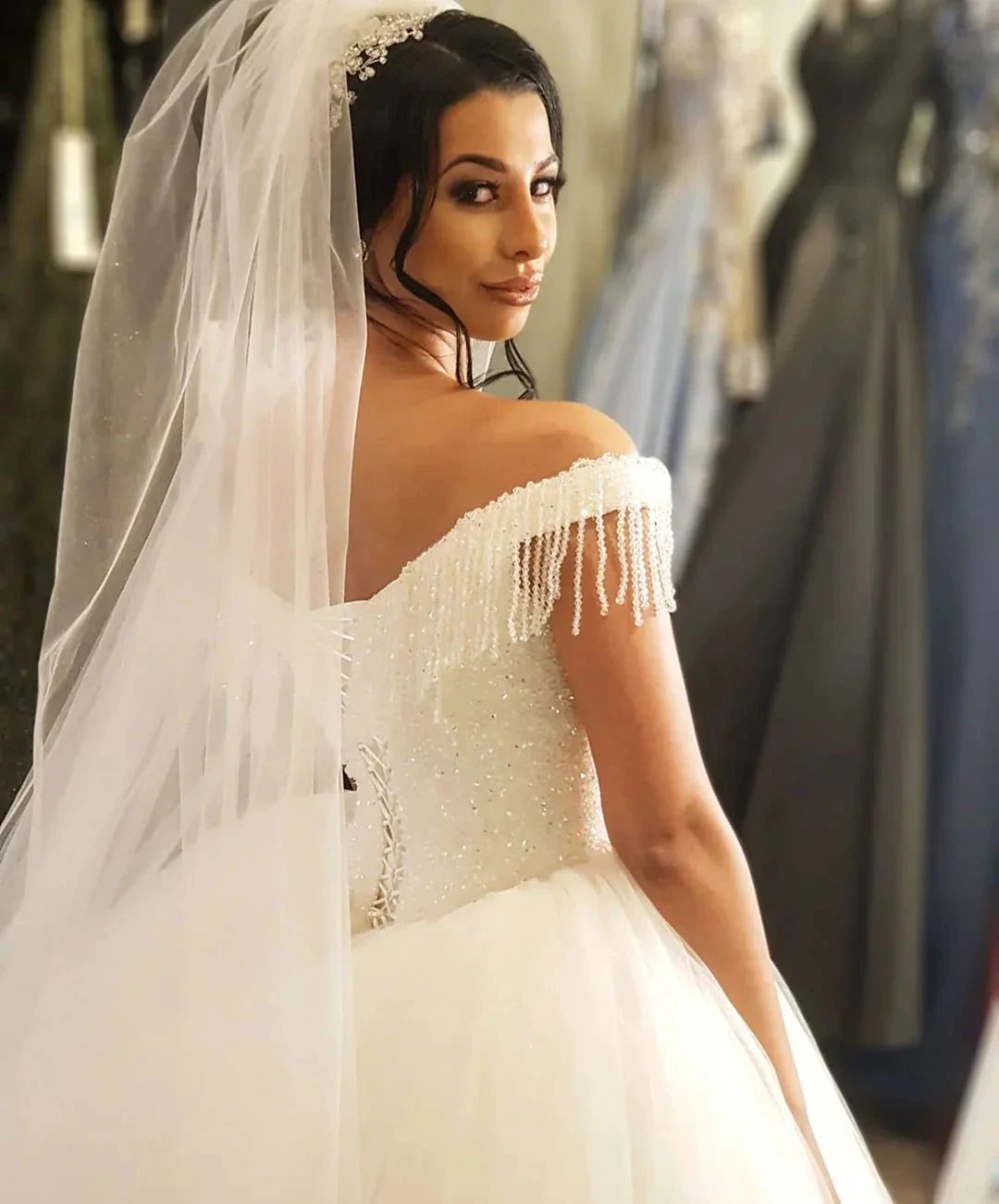 Long Princess Off-the-shoulder Beading Backless Tulle Wedding Dress With Tassel