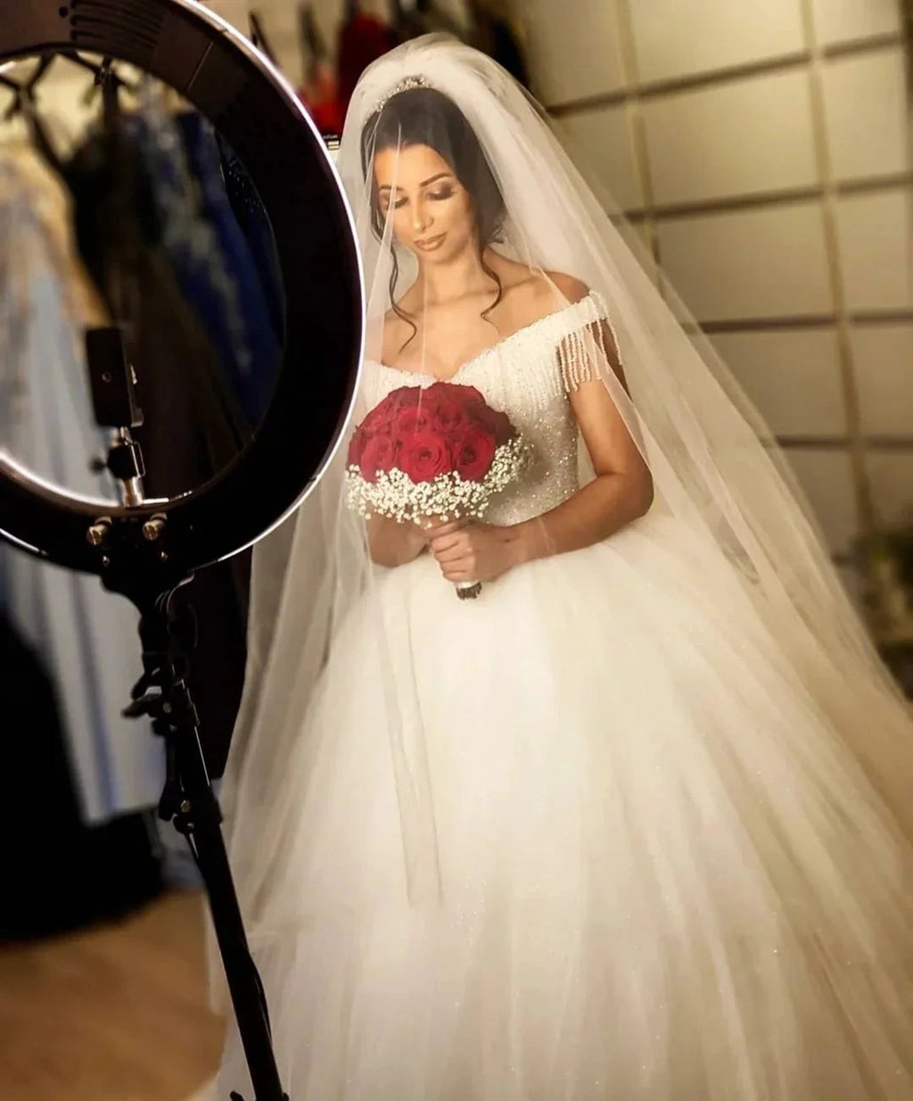 Long Princess Off-the-shoulder Beading Backless Tulle Wedding Dress With Tassel