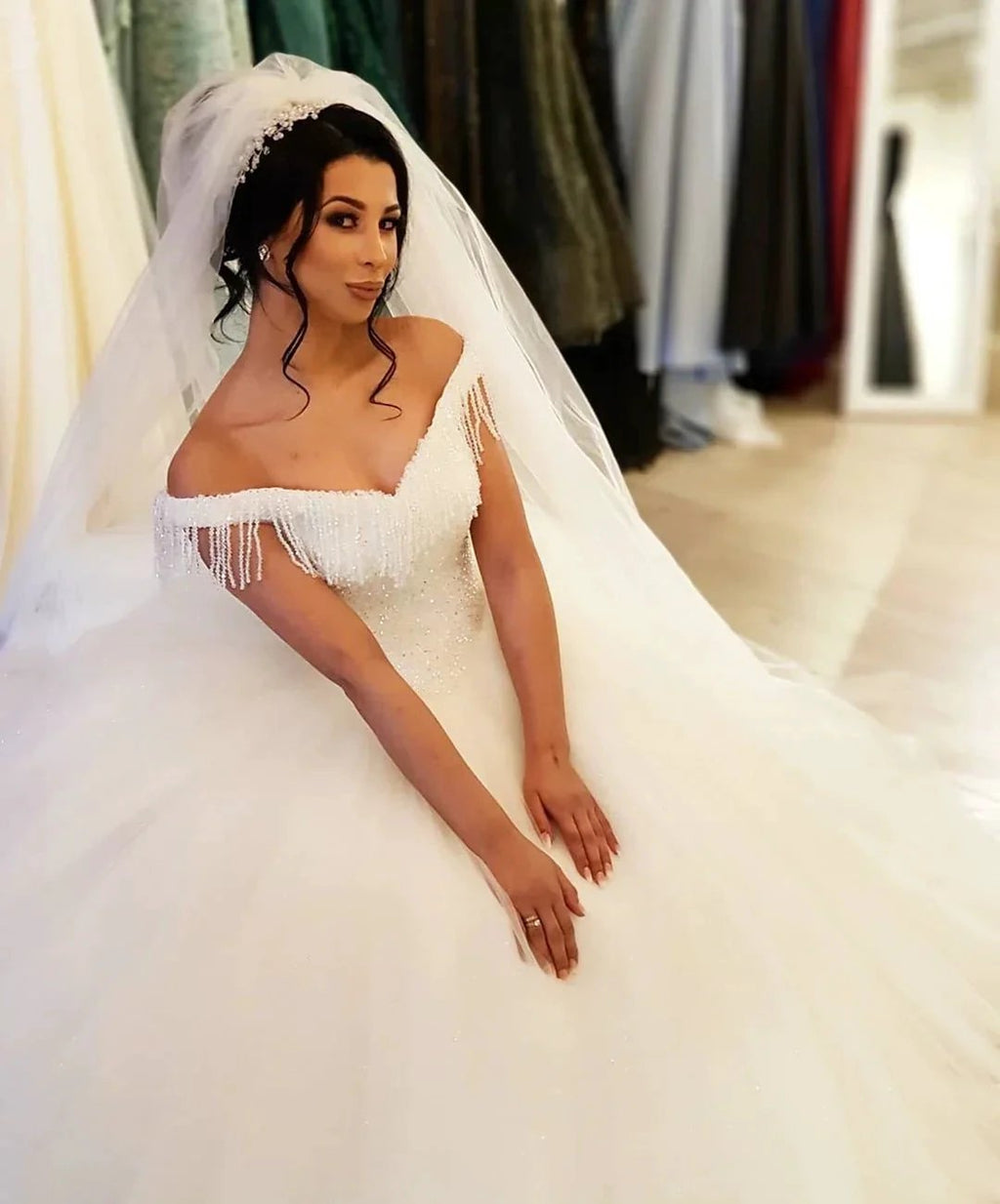Long Princess Off-the-shoulder Beading Backless Tulle Wedding Dress With Tassel