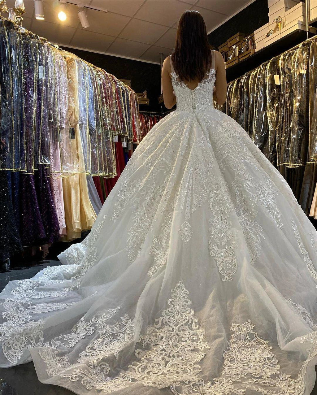 Long Princess V-neck Appliques Lace Backless Wedding Dress