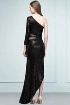 Long Sheath Sequined One-shoulder Prom Dresses with One-sleeve