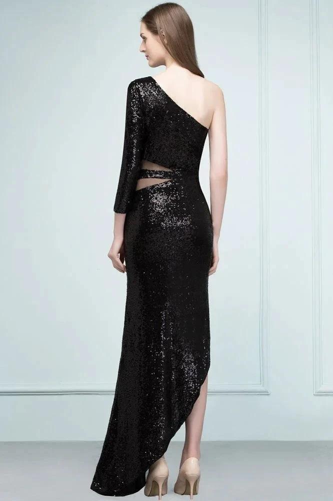 Long Sheath Sequined One-shoulder Prom Dresses with One-sleeve