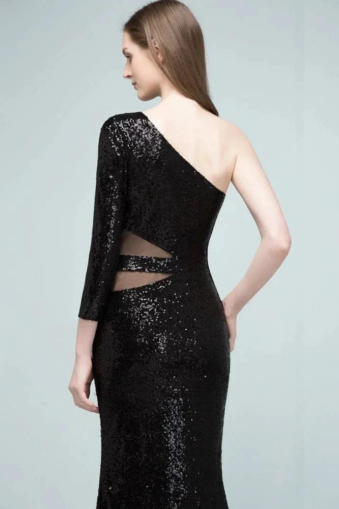 Long Sheath Sequined One-shoulder Prom Dresses with One-sleeve