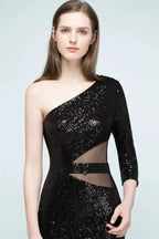 Long Sheath Sequined One-shoulder Prom Dresses with One-sleeve