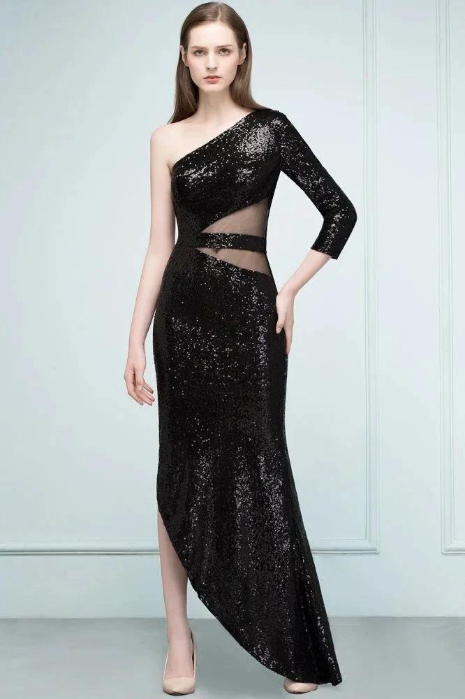 Long Sheath Sequined One-shoulder Prom Dresses with One-sleeve
