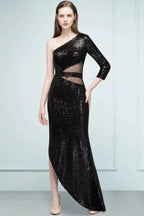 Long Sheath Sequined One-shoulder Prom Dresses with One-sleeve