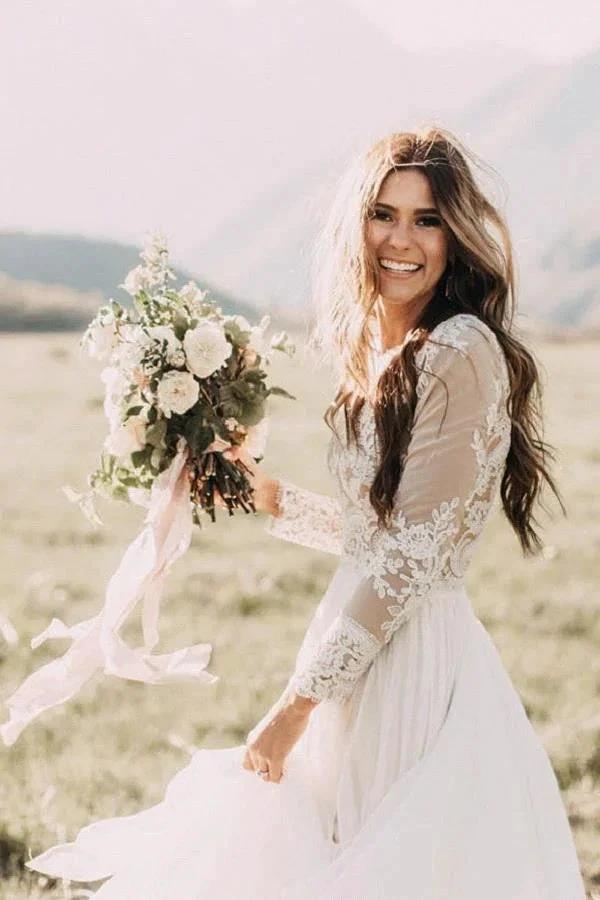 Long Sleeve A-line Appliques Lace Chiffon Wedding Dress