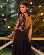 Long Sleeve A-line Bateau Backless Chiffon Prom Dress with Slit