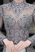Long Sleeve Mermaid Sequins High-Neck Evening Gowns