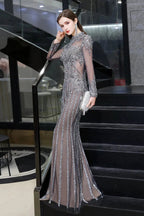 Long Sleeve Mermaid Sequins High-Neck Evening Gowns
