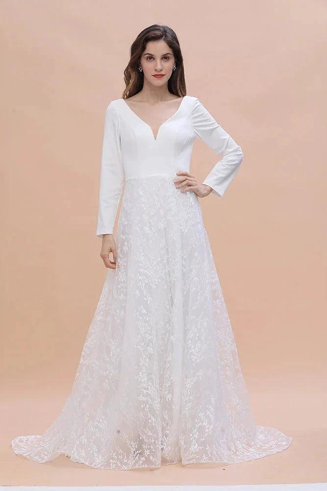 Long Sleeve V-neck Boho Bridal Gowns Satin Backless Lace Wedding Dress