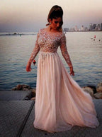 Long Sleeves A-Line/Elegant Bateau Beading Floor-length Chiffon Dress