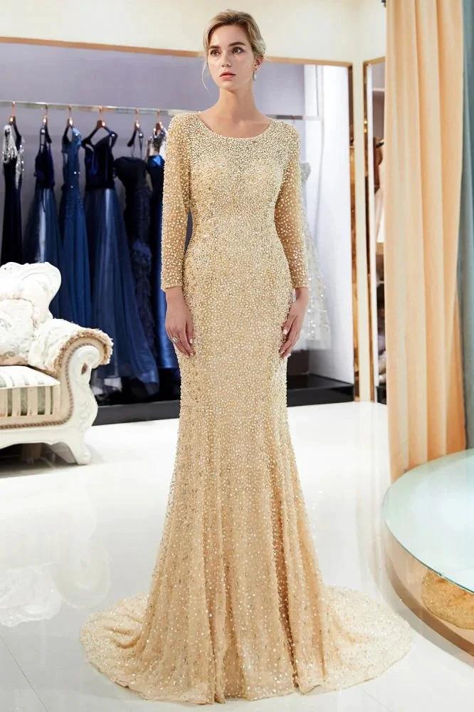 Long Sleeves Floor Length Sequins Formal Party Dresses