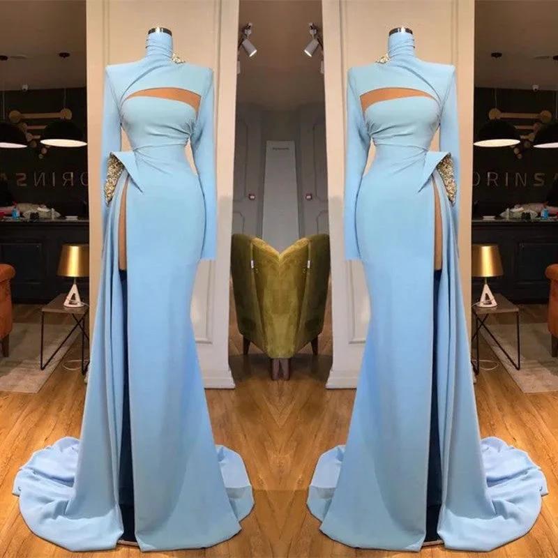 Long Sleeves High Neck Mermaid Prom Dress Long With Slit