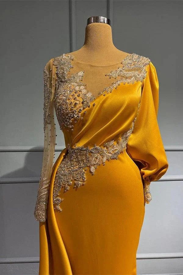 Long Sleeves Mermaid Jewel Asymmetric Beading Satin Formal Prom Dresses