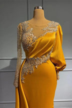 Long Sleeves Mermaid Jewel Asymmetric Beading Satin Formal Prom Dresses