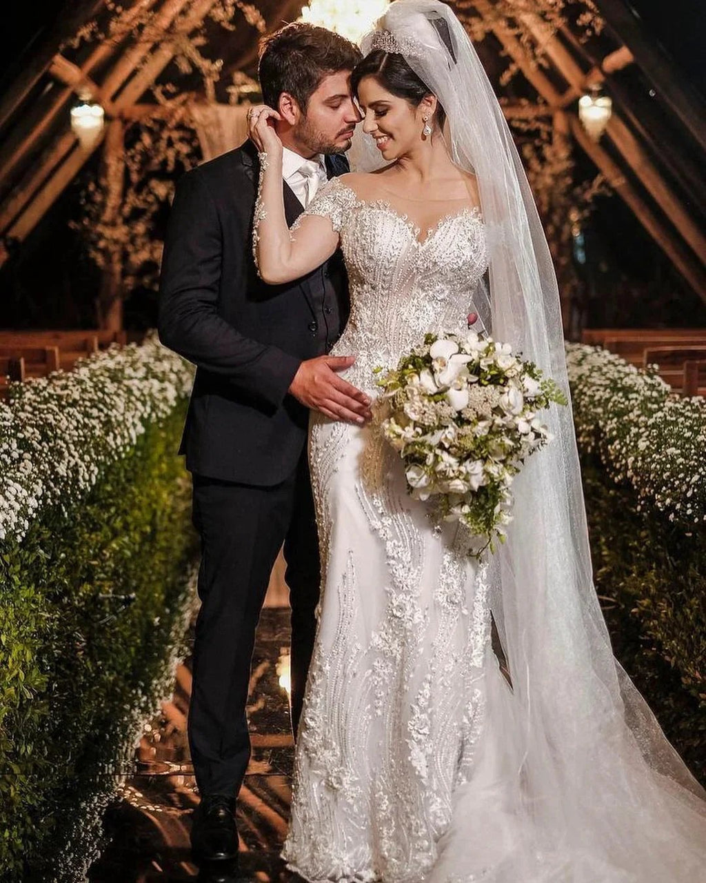 Long Sleeves Mermaid Off-the-shoulder Tulle Wedding Dress with Appliques Lace