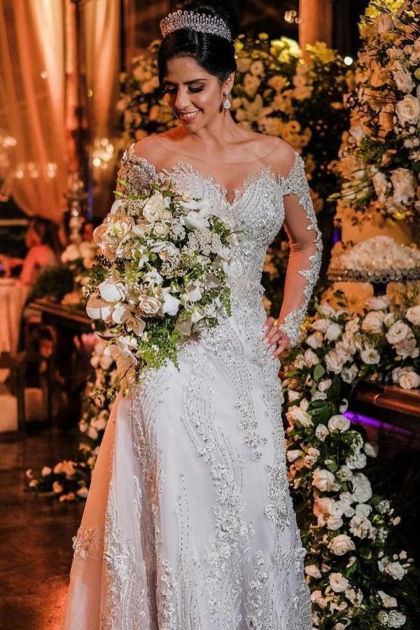 Long Sleeves Mermaid Off-the-shoulder Tulle Wedding Dress with Appliques Lace