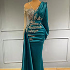 Long Sleeves Mermaid V-neck Satin Prom Dress with Side Swept Wrap
