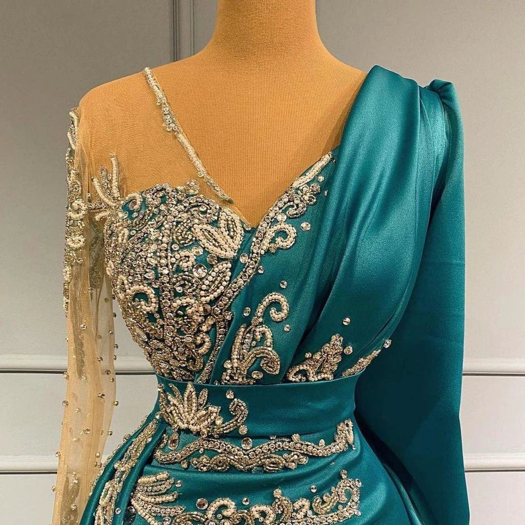 Long Sleeves Mermaid V-neck Satin Prom Dress with Side Swept Wrap