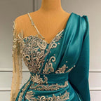 Long Sleeves Mermaid V-neck Satin Prom Dress with Side Swept Wrap
