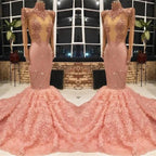 Long Sleeves Pink Prom Dress Mermaid Appliques With Flowers Bottom