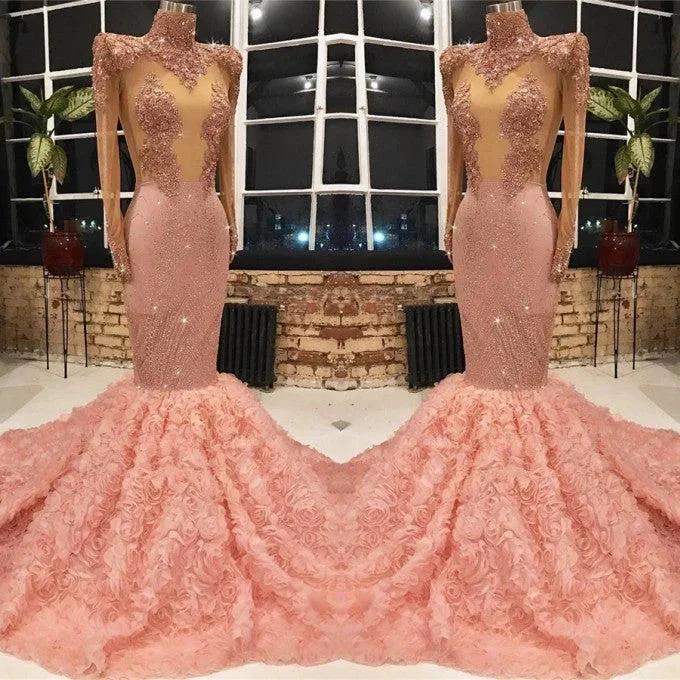Long Sleeves Pink Prom Dress Mermaid Appliques With Flowers Bottom