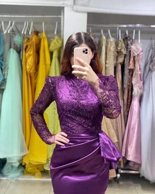 Long Sleeves Purple Mermaid Evening Gown with Soft Floral LAce Appliques