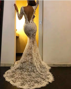 Long Sleeves White Mermaid V-neck Lace Formal Prom Dress with Slit