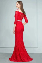 Long Spaghetti Off-shoulder Mermaid Lace Prom Dresses with Sleeves and Sash