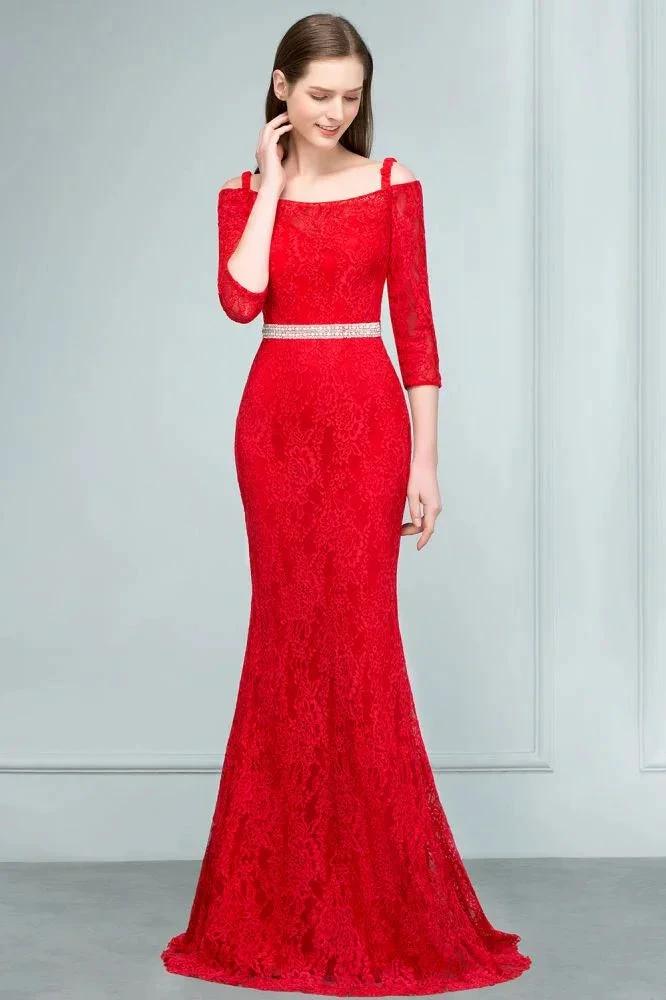 Long Spaghetti Off-shoulder Mermaid Lace Prom Dresses with Sleeves and Sash