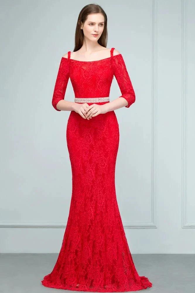 Long Spaghetti Off-shoulder Mermaid Lace Prom Dresses with Sleeves and Sash