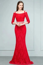 Long Spaghetti Off-shoulder Mermaid Lace Prom Dresses with Sleeves and Sash