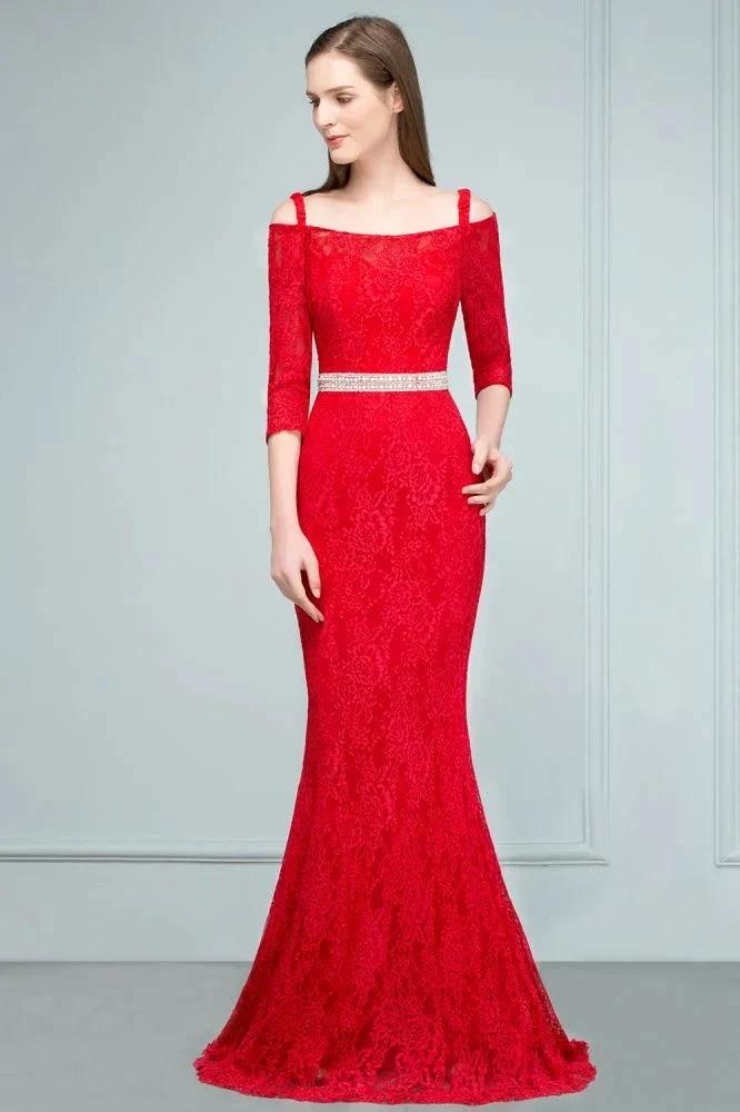 Long Spaghetti Off-shoulder Mermaid Lace Prom Dresses with Sleeves and Sash