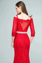 Long Spaghetti Off-shoulder Mermaid Lace Prom Dresses with Sleeves and Sash