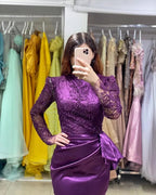 Long Stretch Satin Jewel Lace Mermaid Prom Dress with Sleeves