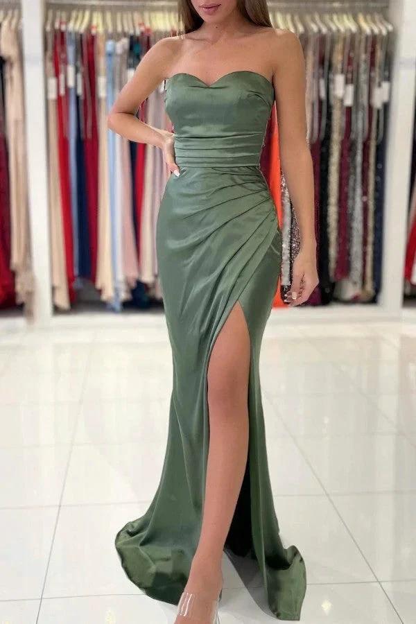 Long Sweetheart Stretch Satin Mermaid Prom Dresses with Slit