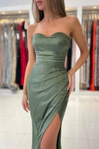 Long Sweetheart Stretch Satin Mermaid Prom Dresses with Slit