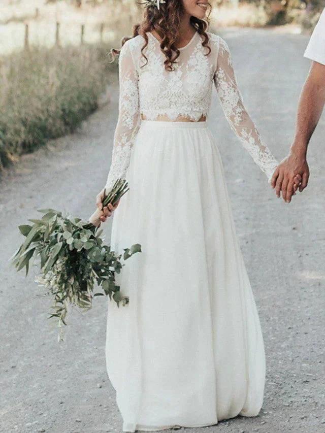 Long Two Piece A-Line Jewel Neck Lace Chiffon Wedding Dresses with Sleeves