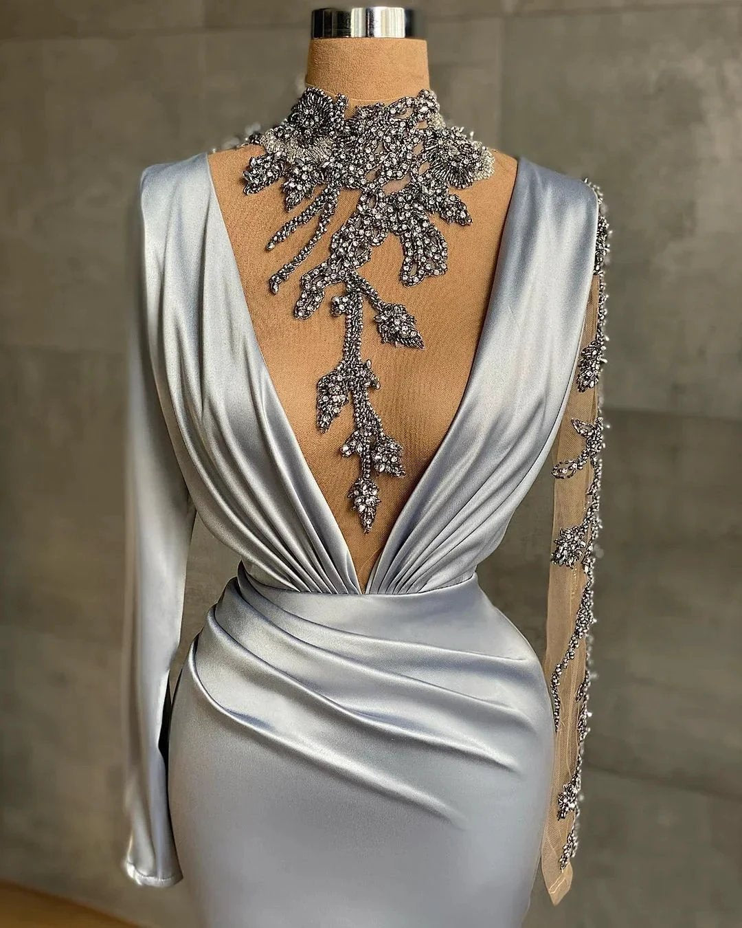Long V-neck Beading Satin Mermaid Evening Dress with Sleeves