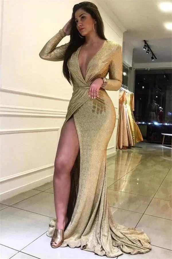 Long V-neck Sequined Mermaid Prom Dress with Sleeves